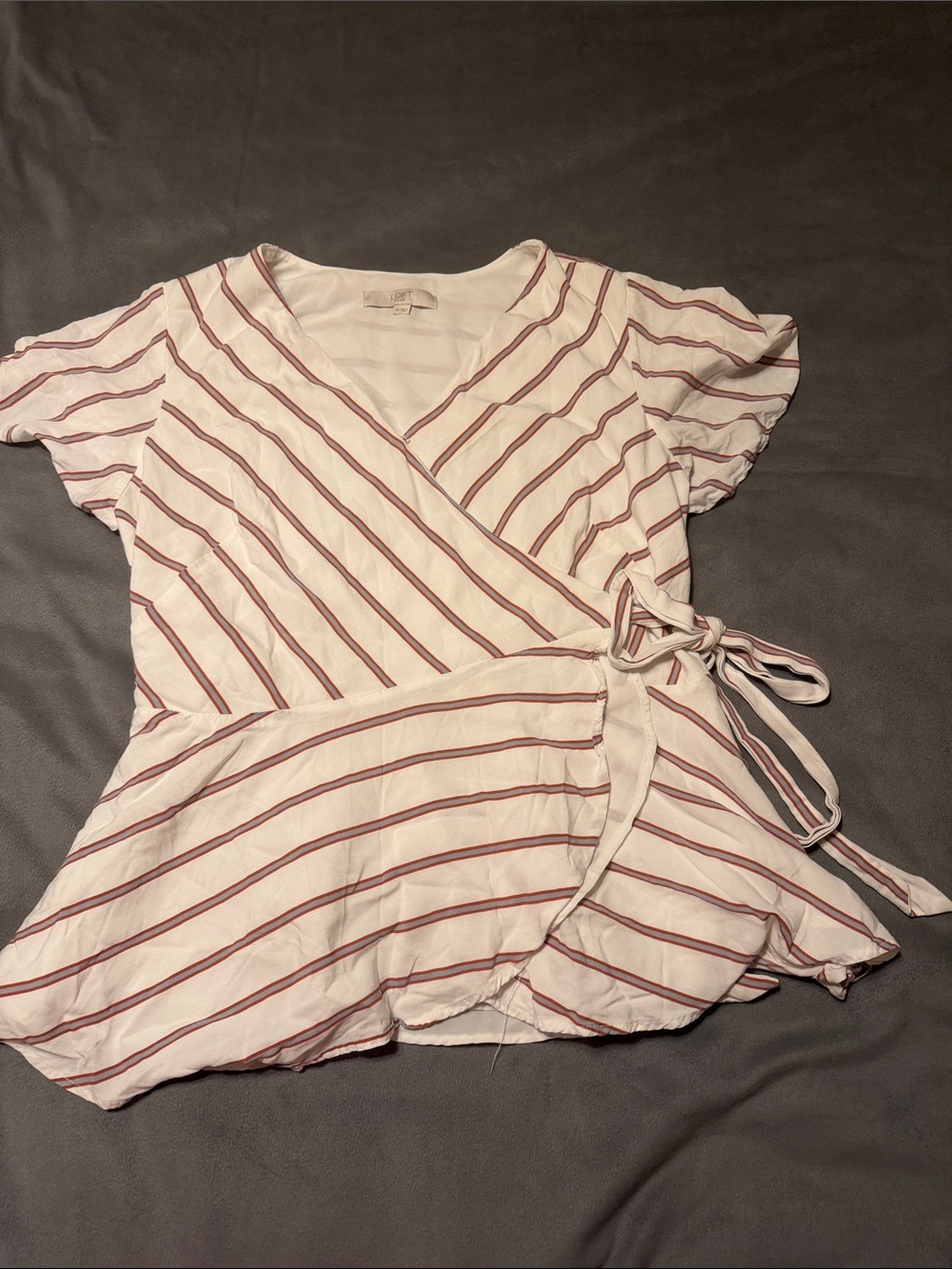 LOFT White Short Sleeve Wrap Top with Burgundy Stripes